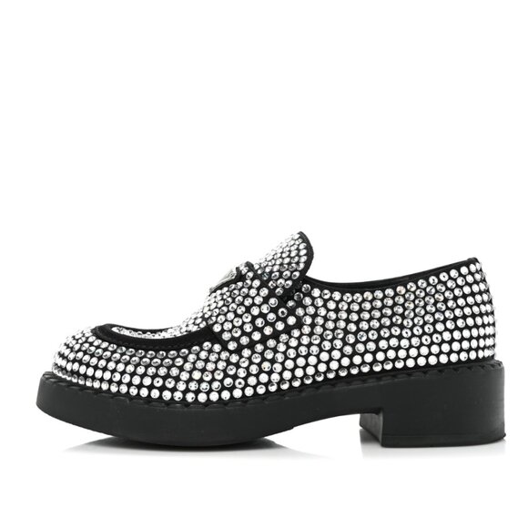 Prada Loafers Black Satin Crystal Embellished Metal Triangle Logo Sz 37 - Picture 2 of 14